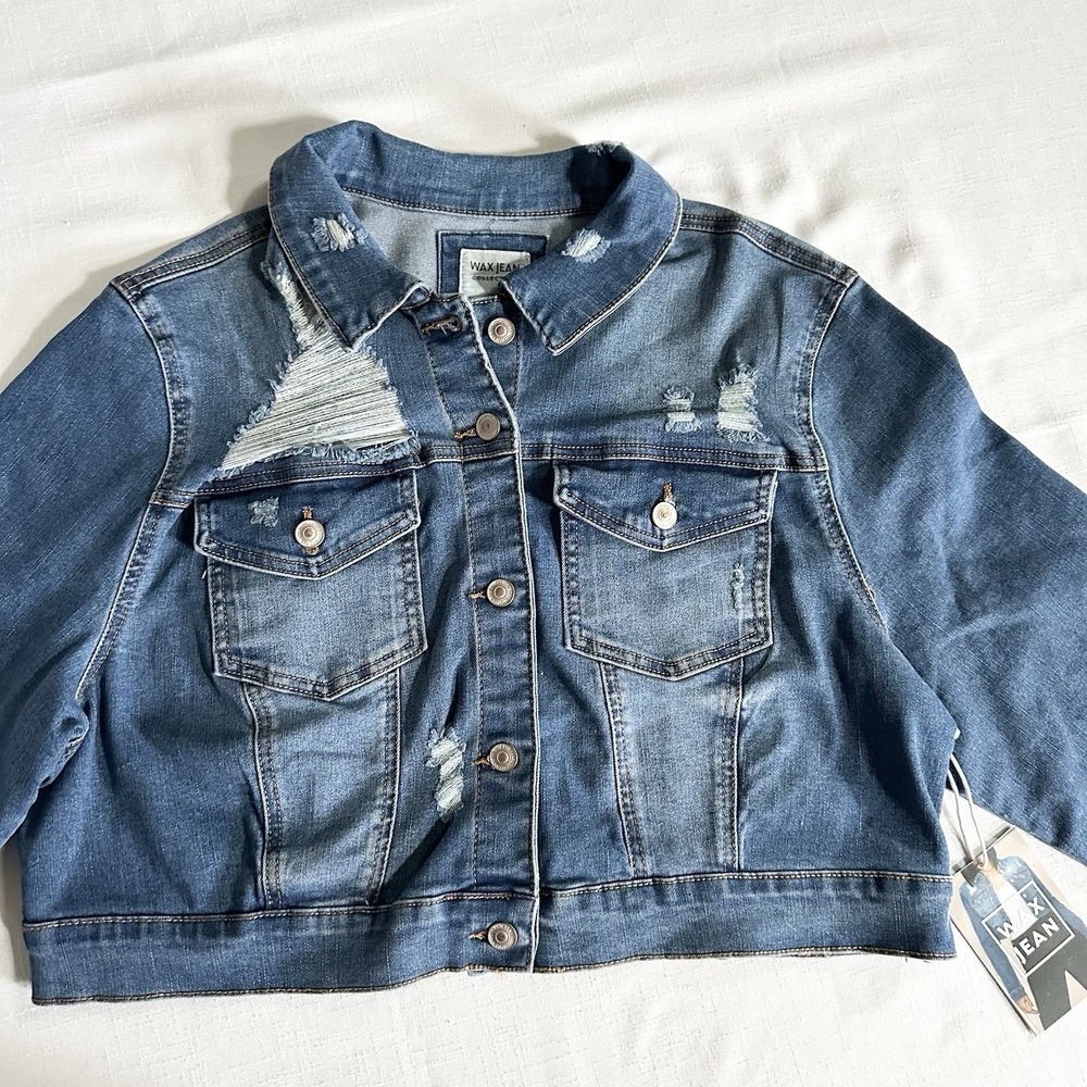 Wax Jean Denim Jacket Womens Size 3XL Blue Cropped Distressed Stretch NWT